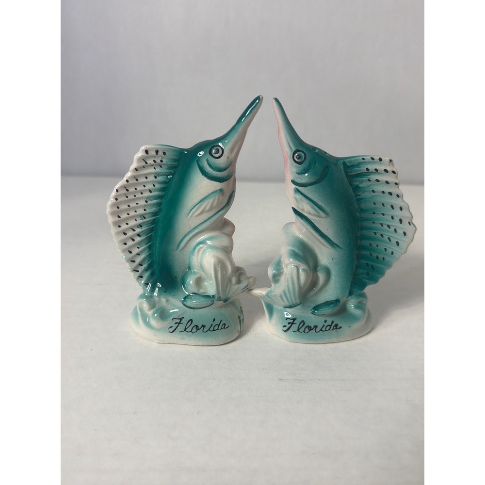 Vintage Florida Sailfish Marlin Salt and Pepper Shakers Ceramic Souvenir Teal